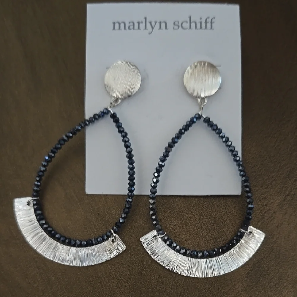 Marlyn Schiff Silver and Black Bead Crescent Earrings